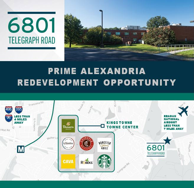 Graphic showing the 6801 Telegraph Road logo with photo of property buildings and Prime Alexandria Redevelopment Opportunity in the top half, and a map showing the location in reference to airport and food options