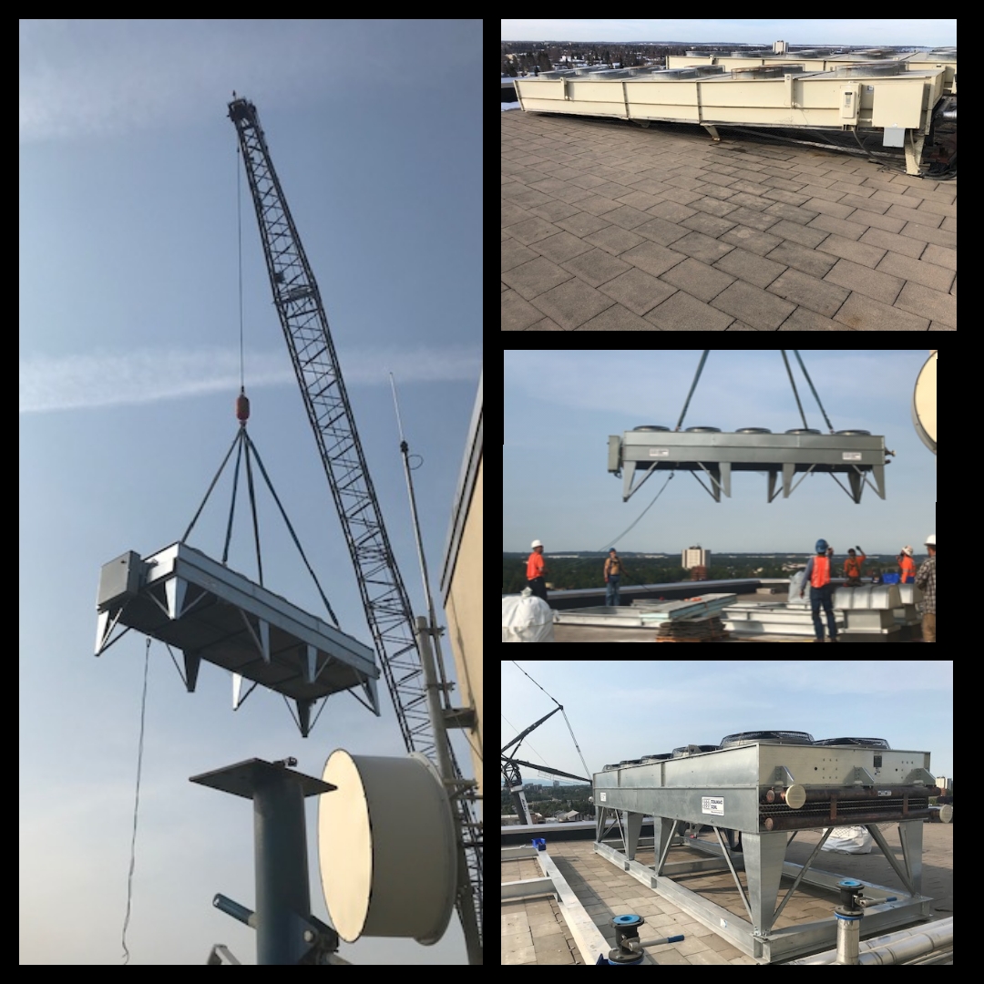  Four-picture collage showing 8,000 lbs dry chiller being lifted on top of the Anchorage Federal Building