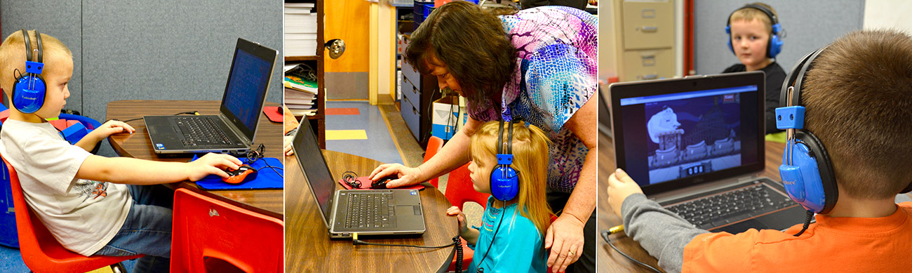 Picture of students and teachers at Winlock school district with donated computers received through the computers for learning program. From left: Jordan Nichols, Teacher Carmen Parkison, Ella Joy Muir-Owen, and Axel Myers work on laptops donated by GSA