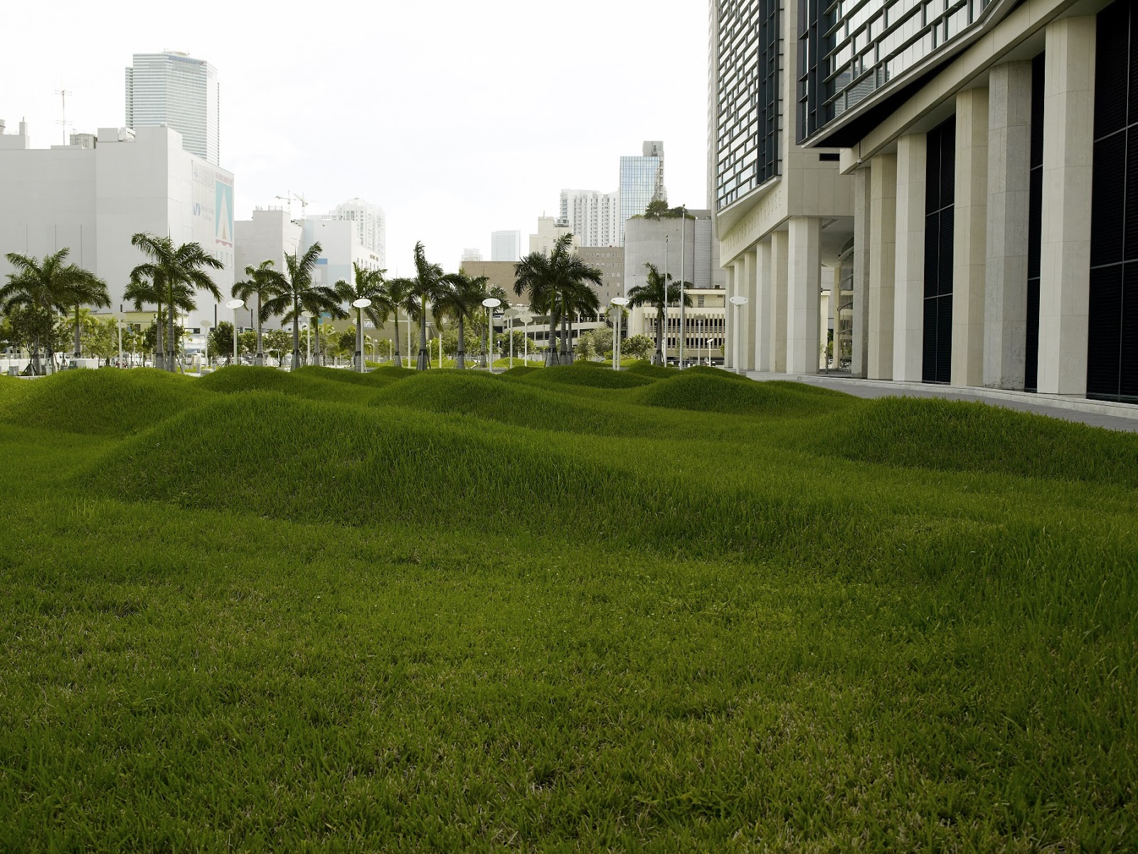 A landscape view of Flutter, by Maya Lin, showing a pair of sculpted lawns that mimic rippling water or sand.