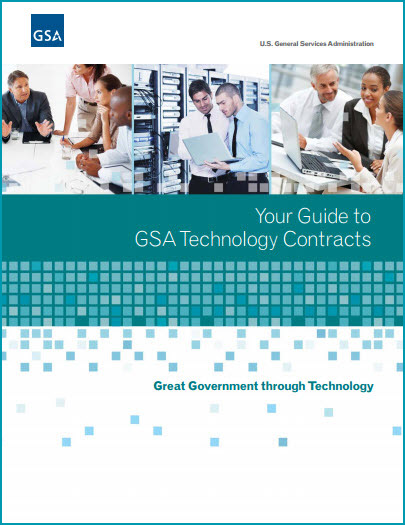 Report cover with collage of people and an abstract design with text Your Guide to GSA Technology Contracts