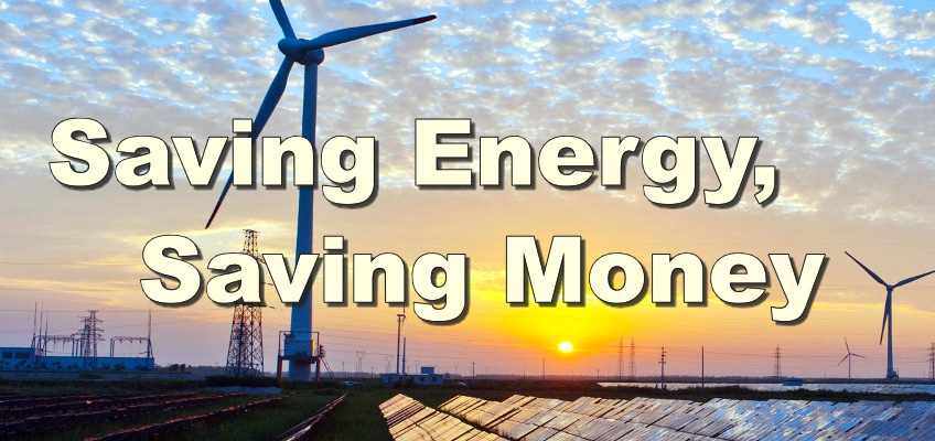 Wind turbines with words Saving Energy, Saving Money 