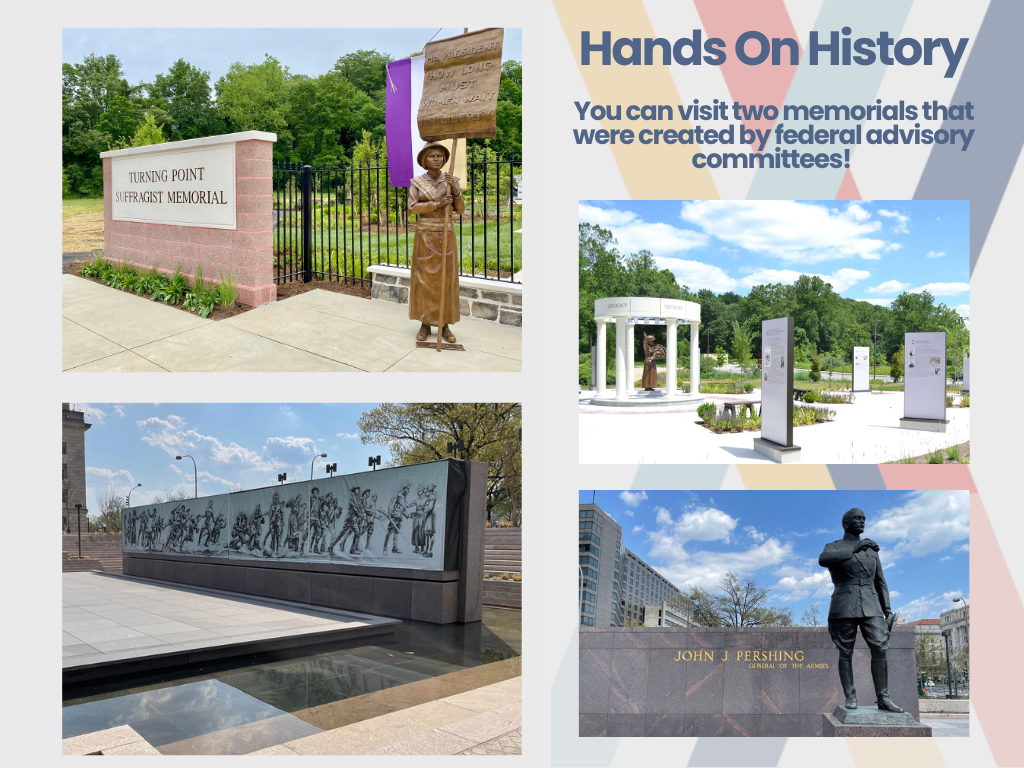 Graphic that features 4 images of the WW1 Memorial and the Turning Point Suffrage Memorial