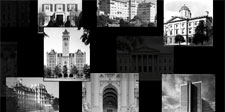 Black and white photographs of buildings arranged in a collage