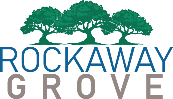 Logo with three green stylized trees at the top and text Rockaway Grove below it