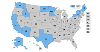 U.S. Map screen with 11 states along the north and south borders marked in blue, and the remaining 38 continental states marked in gray
