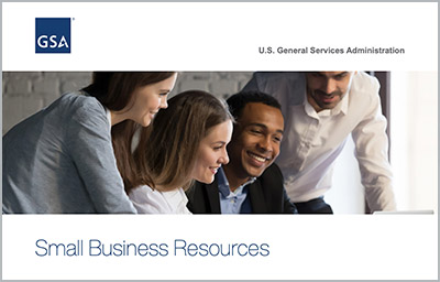 Thumbnail of PDF cover with GSA starmark, photo of four people smiling over a laptop, and text Small Business Resources