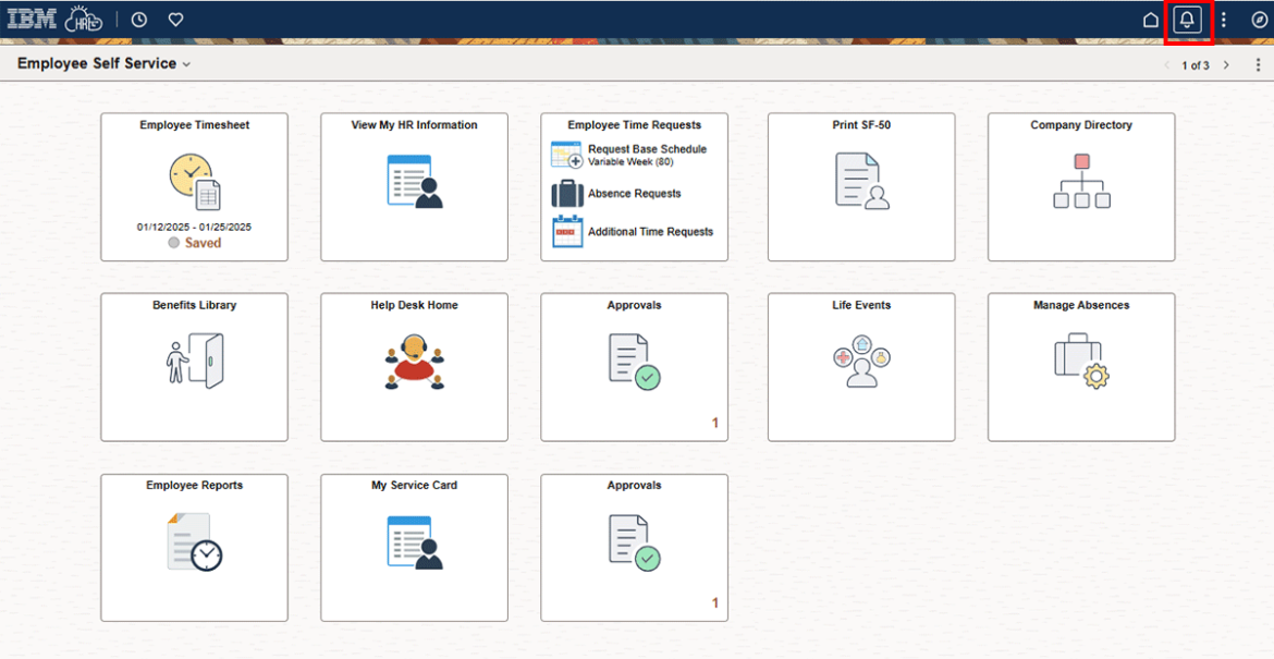 Employee self service with notifications icon highlighted