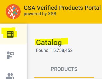 Verified Products Portal screenshot with the word Catalog highlighted yellow.