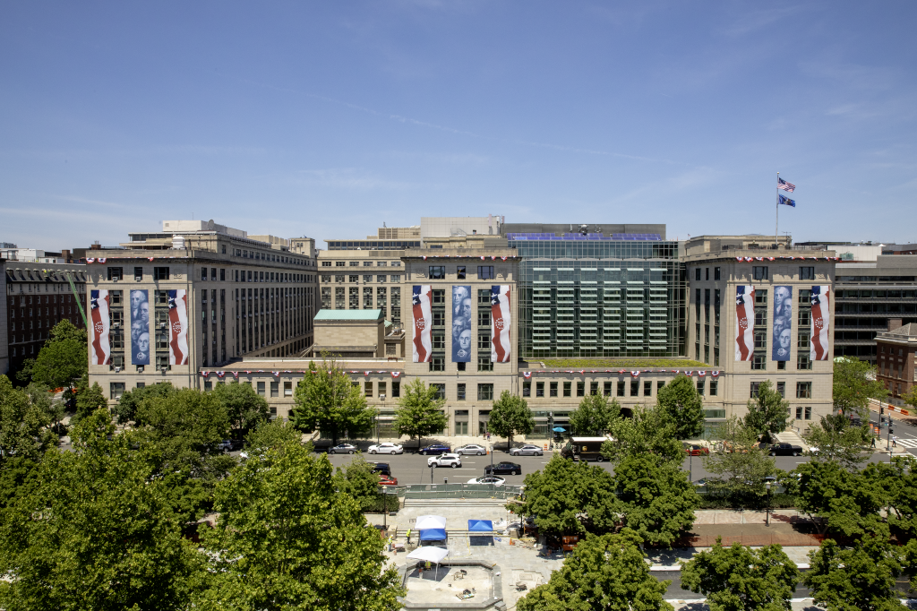 The GSA headquarters building exterior is decorated to honor and celebrate the nation's 250th birthday.