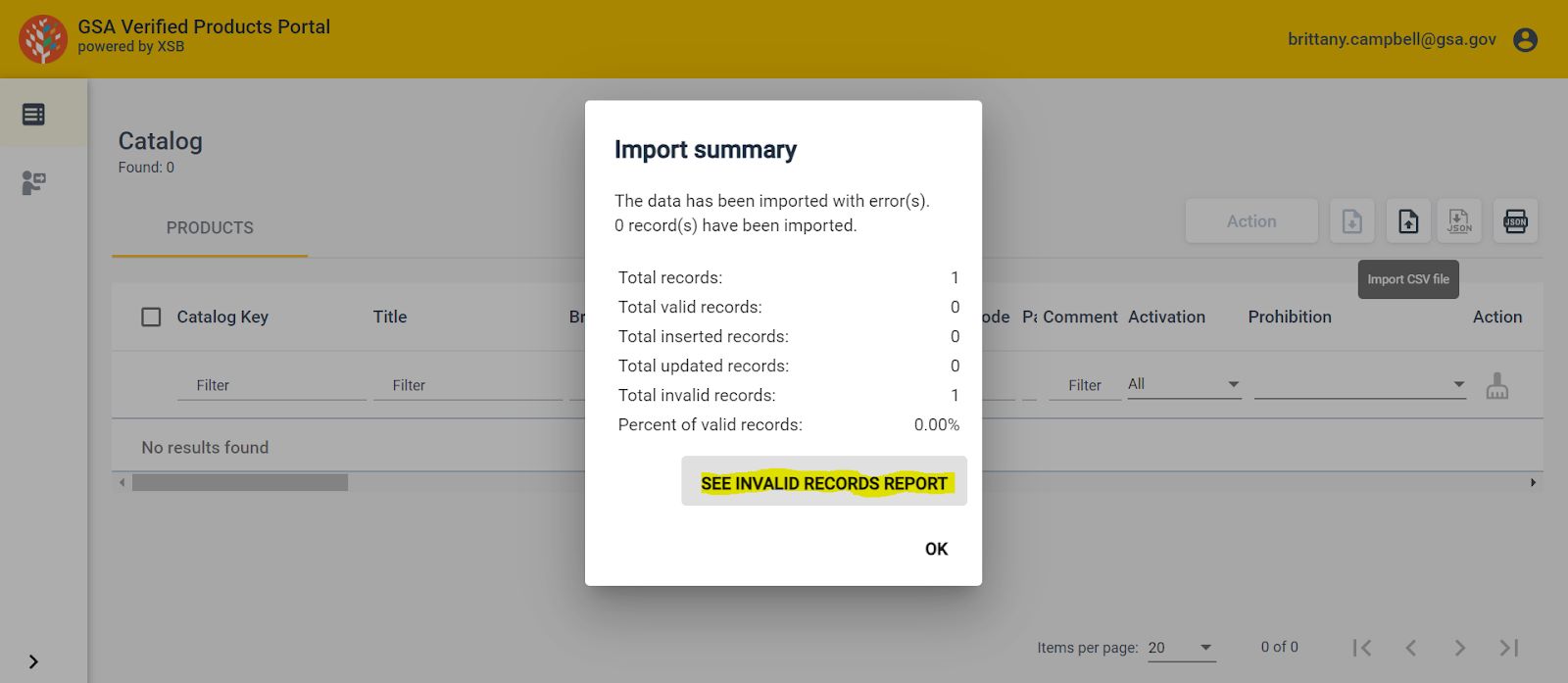 Screenshot of an import summary pop-up box in the Verified Products Portal. The words see invalid records report are highlighted.