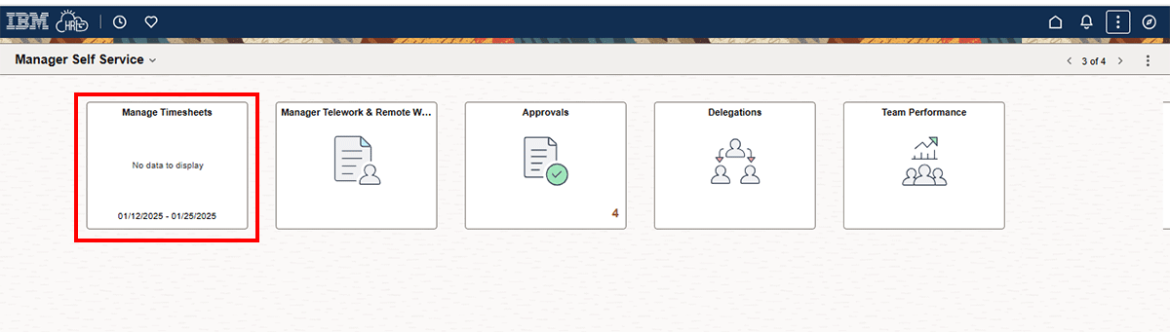 Manager self service page with manage timesheets tile highlighted