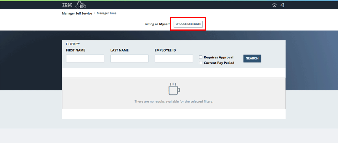 Manager time page with choose delegate highlighted