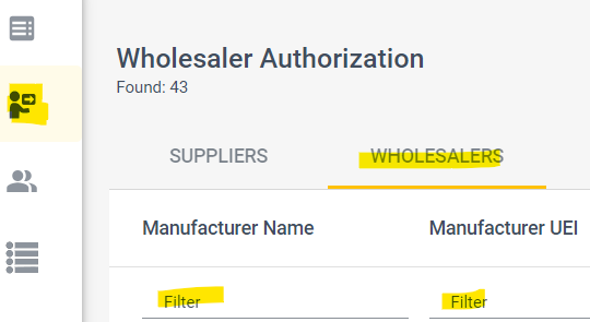 Verified Products Portal screenshot of Wholesaler Authorization window, with four elements highlighted yellow.