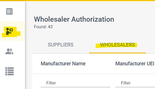 Verified Products Portal screenshot of Wholesaler Authorization window with upload option highlighted in yellow.