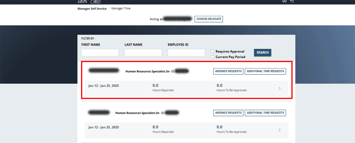 Manager time page with employee selected to manage timesheet or leave request