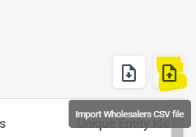 Square with upward pointing arrow highlighted yellow, and the text Import Wholesalers CSV file underneath.