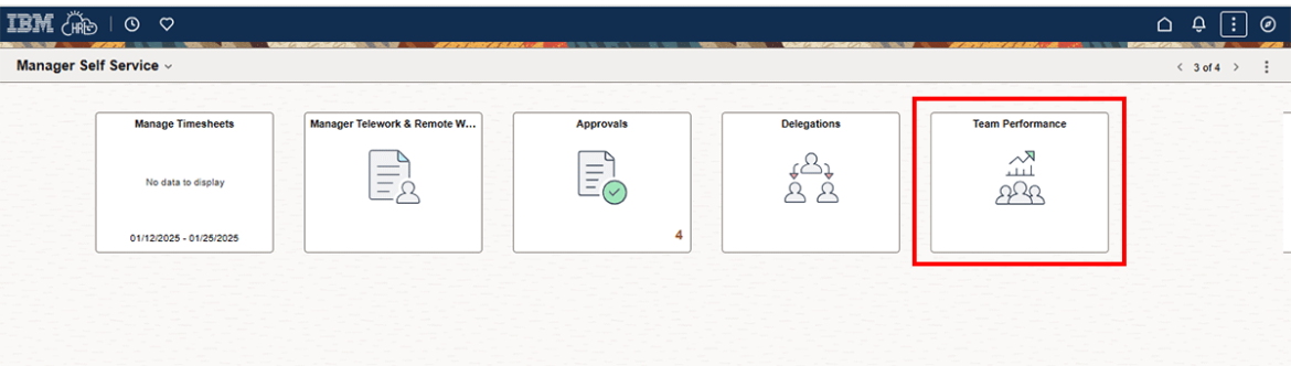 Manager self service page with team performance tile highlighted