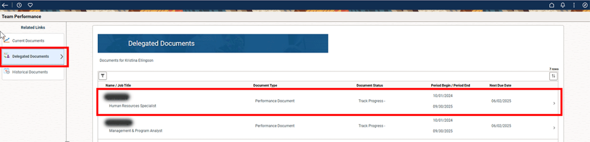Delegated documents page with employee highlighted