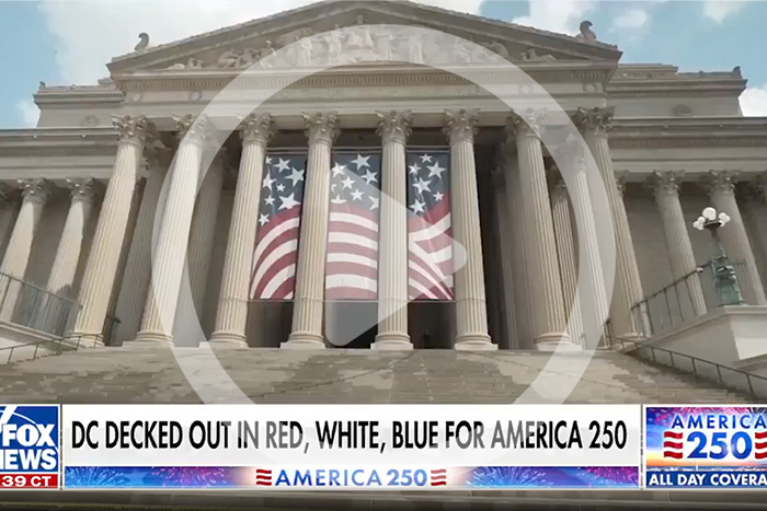 Federal buildings decked out in red, white, and blue for America's 250th birthday