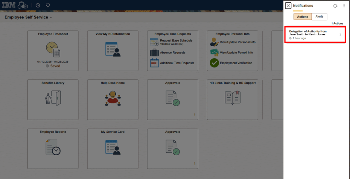 Employee self service with notification of delegation of authority highlighted