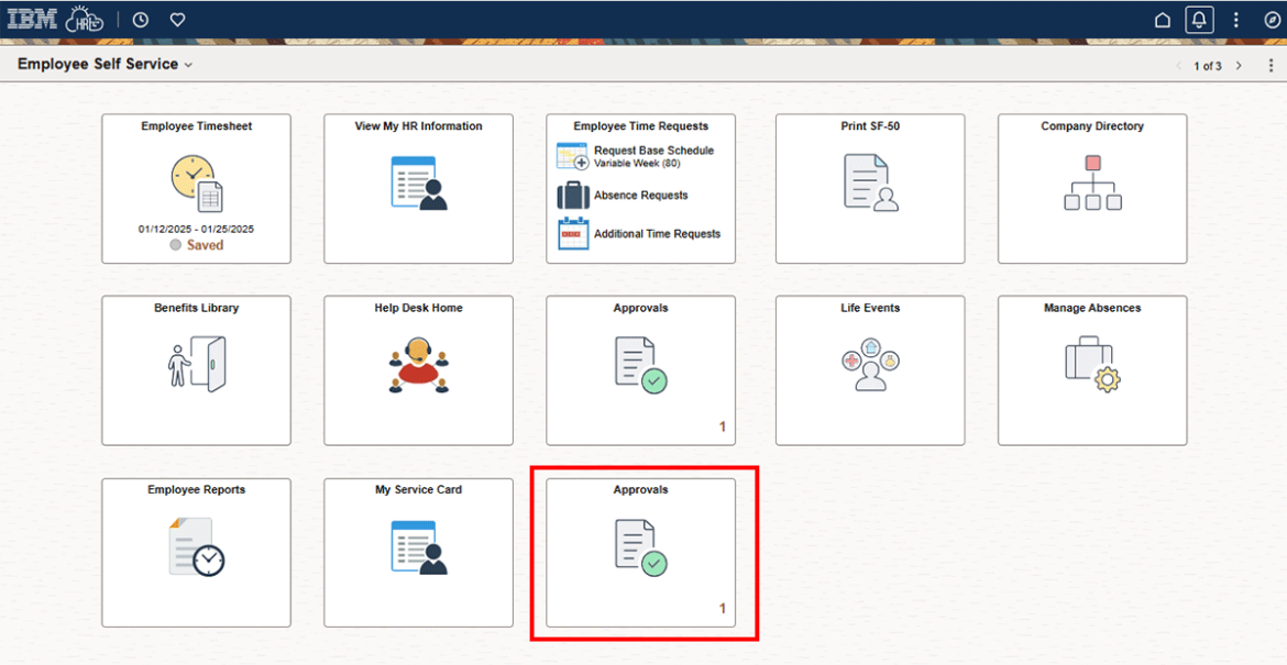 Employee self service with approvals tile highlighted
