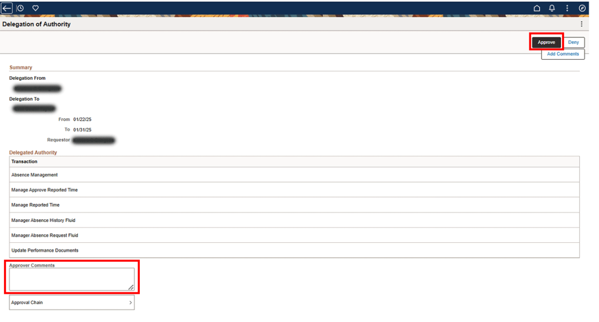 Delegation of authority screen with approve button and approver comments area highlighted