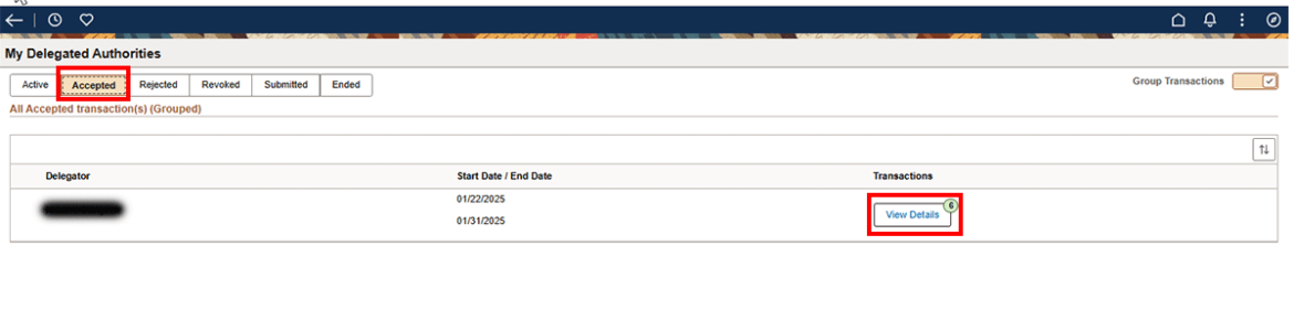 My delegated authorities page with accepted tab and view details highlighted