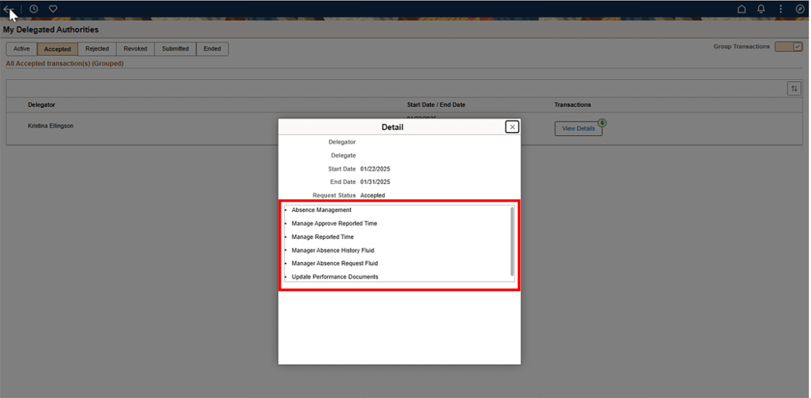 My delegated authorities page with detail pop up box and delegated transactions highlighted