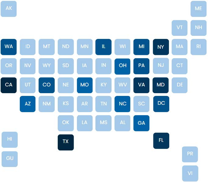 Shaded blue squares depicting the inventory of owned and leased properties across continental U.S. and its territories with darker squares indicating more buildings in that region