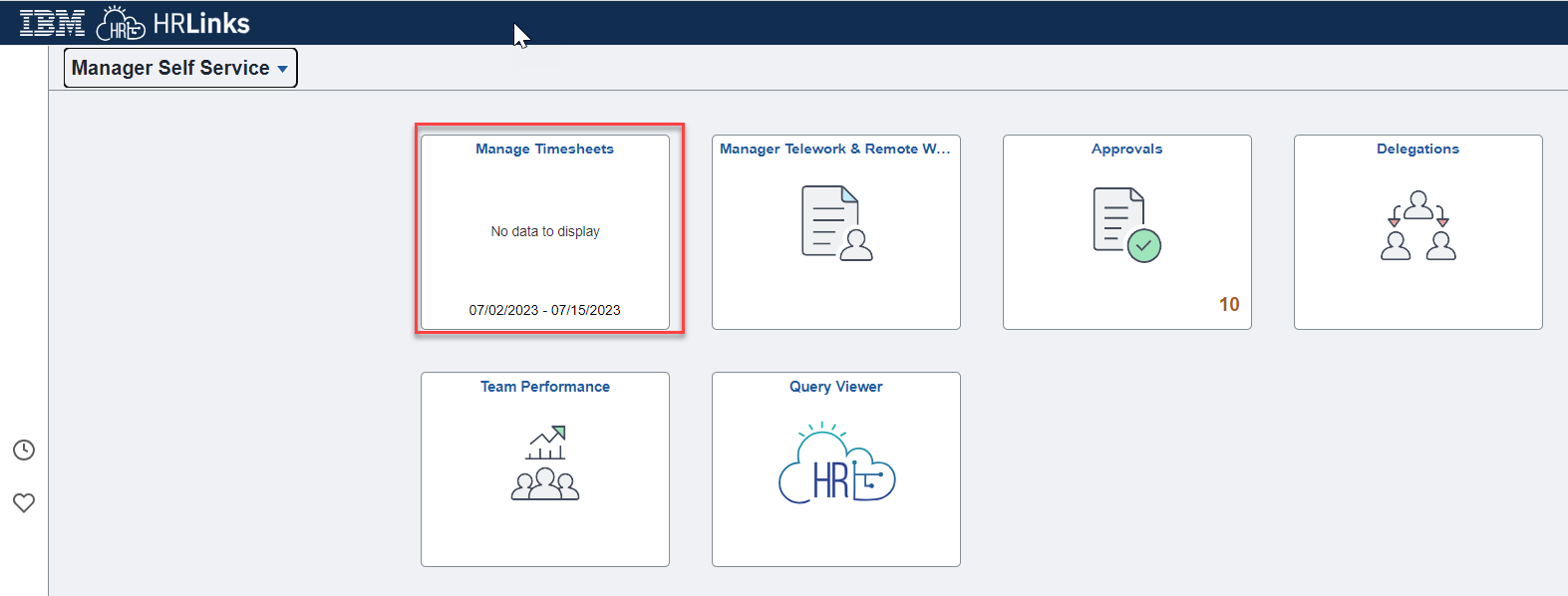 Screenshot of Manager Self Service Page with the Manage Timesheets tile highlighted