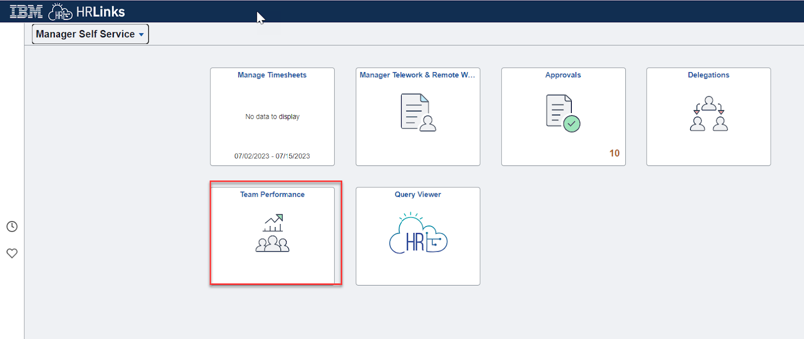 Screenshot of the Manager Self Service Page with the Team Performance tile highlighted
