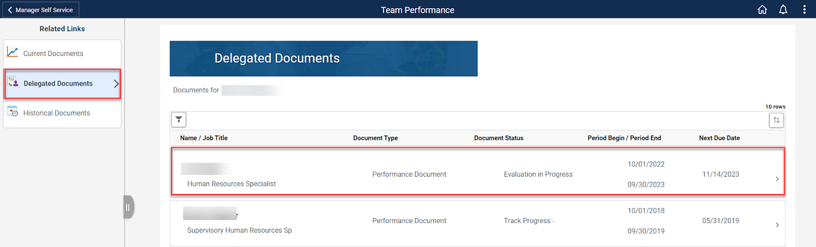 Screenshot of the Delegated Documents Page with the employee highlighted