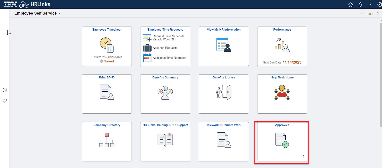 Screenshot of Self Service homepage with approvals tile highlighted