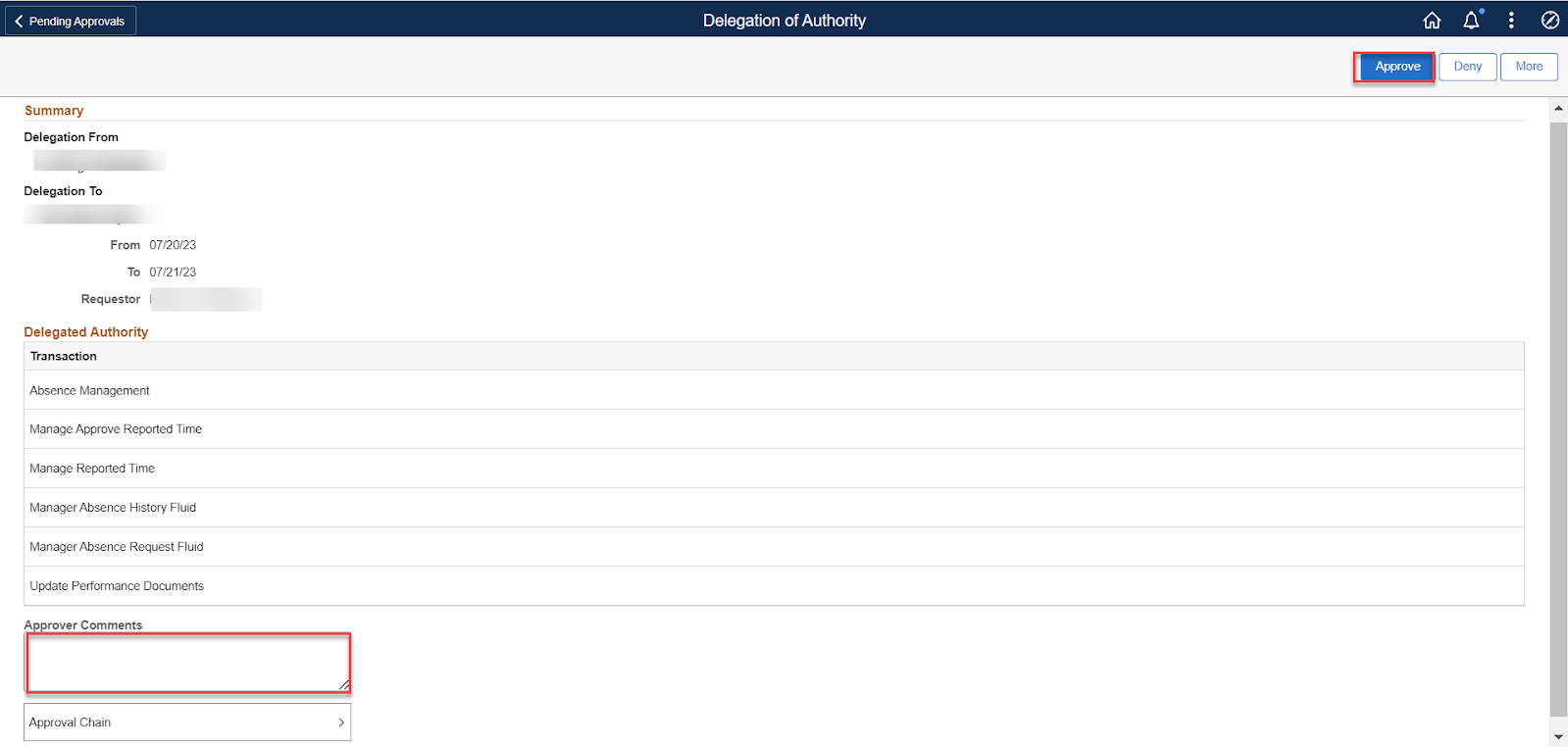 Screenshot of delegation summary with comments and approve highlighted