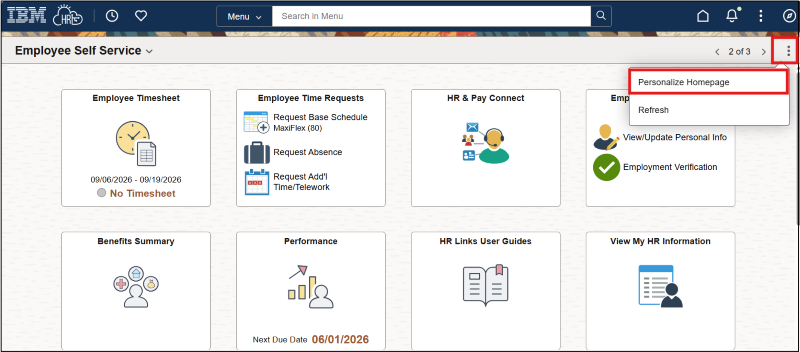 Screenshot of action menu with three dots and Personalize Homepage highlighted
