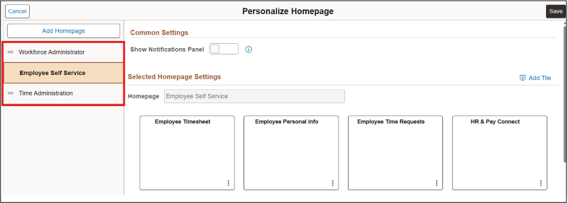 Screenshot of Personalize Homepage with Homepage options highlighted