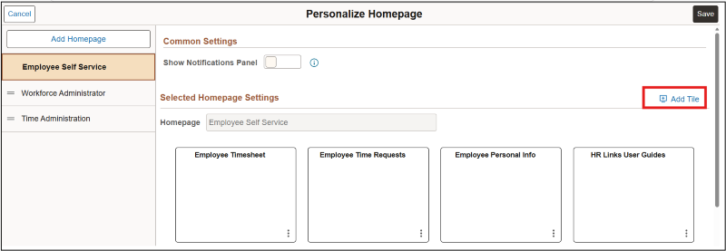 Screenshot of Personalize Homepage with Add Tile highlighted