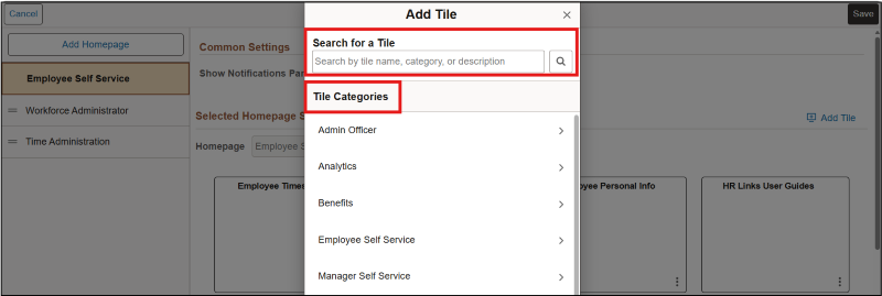 Screenshot of Add tile dialog box with search and categories highlighted