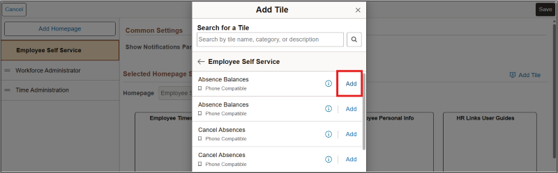 Screenshot of Add tile dialog box with Add highlighted