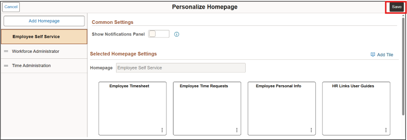 Screenshot of Personalize Homepage with Save highlighted