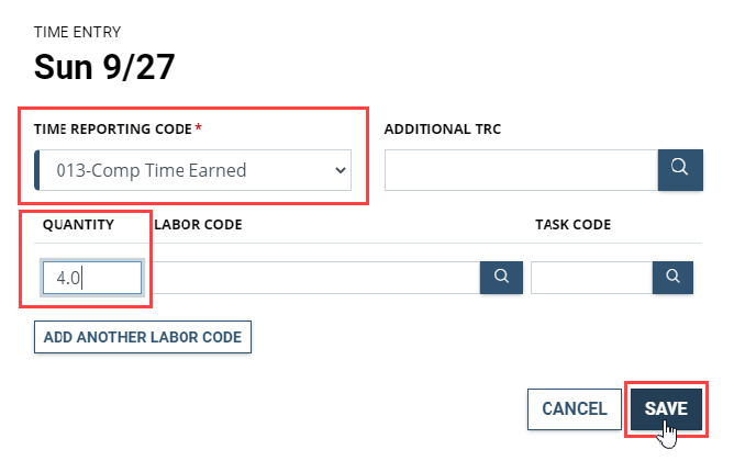 Screenshot of the time entry dialog box with Time Reporting Code and quantity highlighted