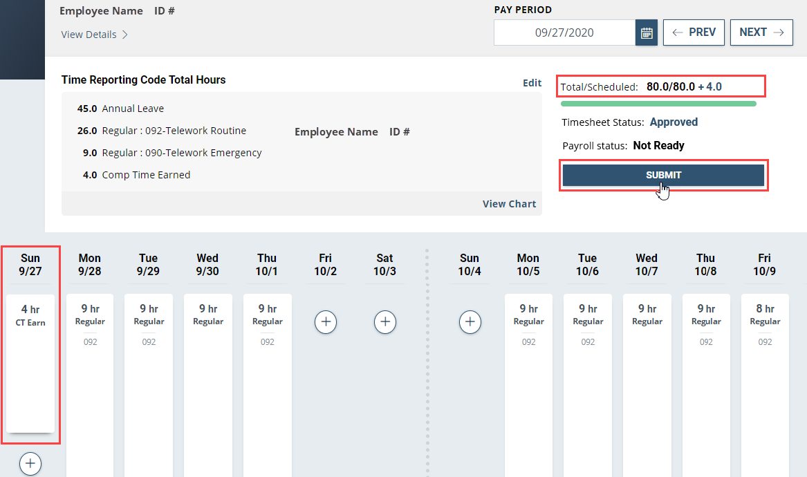Screenshot of the Employee Timesheet with total hours, and submit highlighted