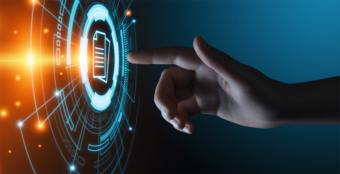 A person's hand about to touch an abstract representation of technology with blue concentric circles and grids and icons