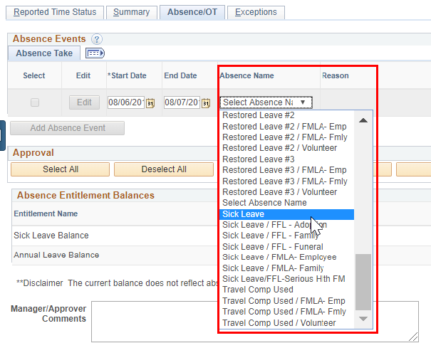 Screenshot of the employees timesheet with the Absence Name drop-down highlighted