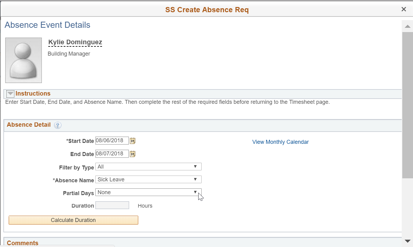 Screenshot of the Absence Event Details screen