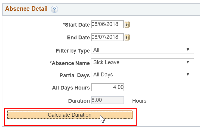 Screenshot of the Absence Event Details screen with the calculate duration highlighted