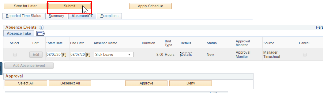Screenshot of the timesheet with the submit button highlighted