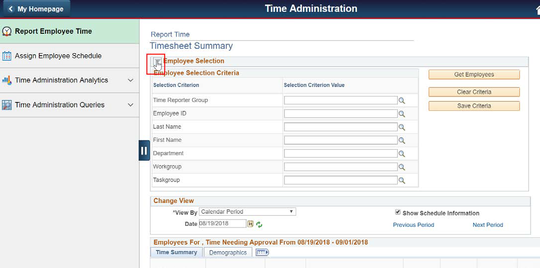 Screenshot of the Time Administration with employee selection highlighted