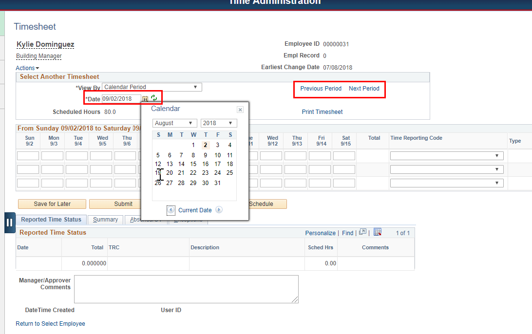 Screenshot of the Time Administration with dates and previous and next buttons highlighted